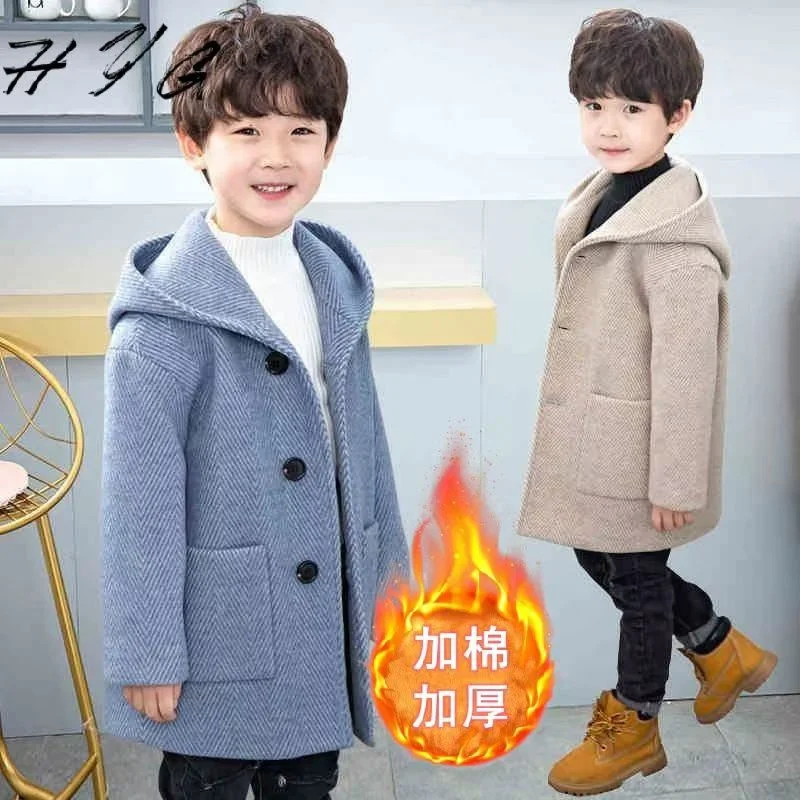Thicken Boys Woolen Jackets Winter Warm Children Outerwear Kids Hooded Long Wool Overcoat New Teenager Cotton Clothes 5-12Y