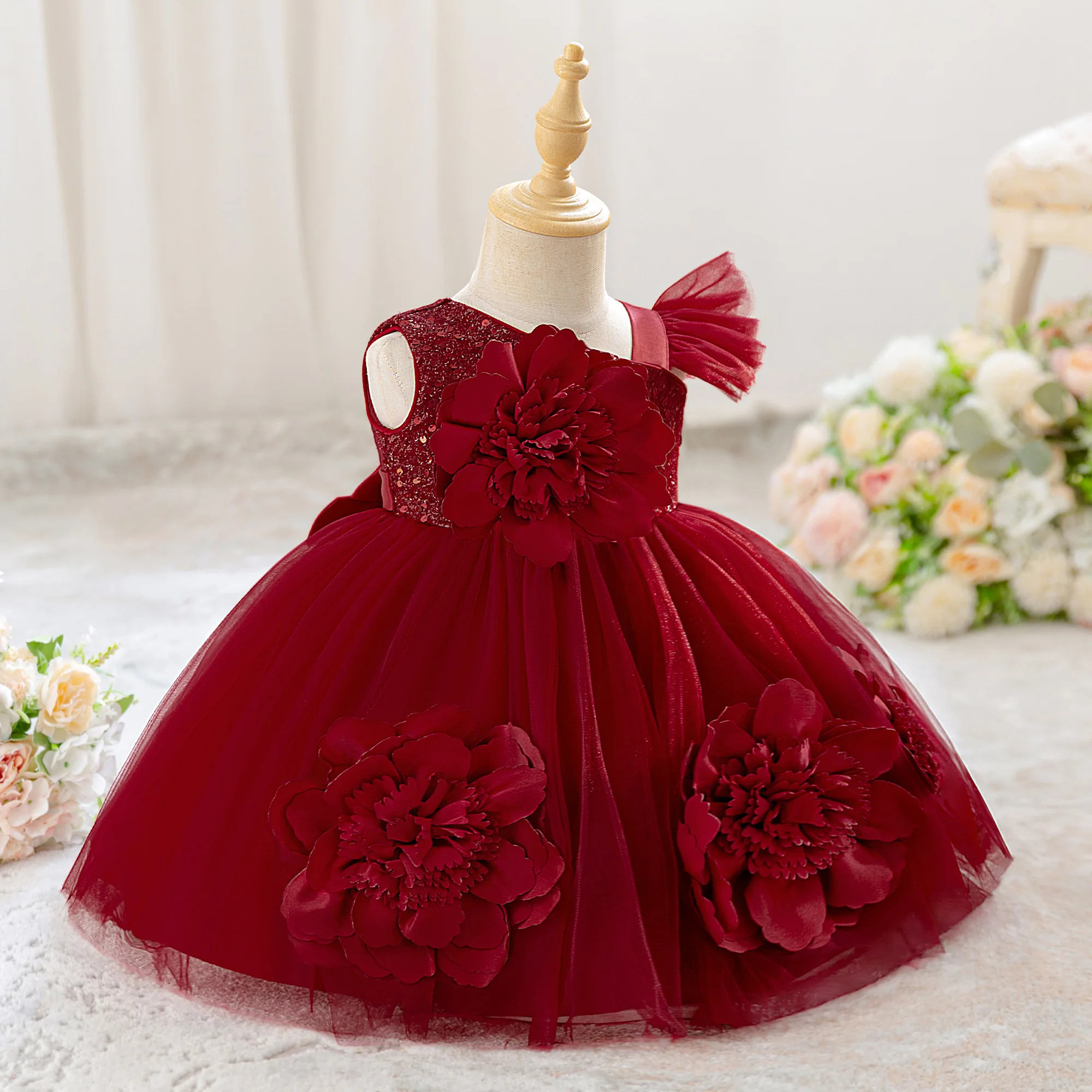 Kleinkind Blumen-Schleife Partykleid für Mädchen Pailletten Hochzeit Brautjungfernkleid Elegantes 1. Geburtstag Abendkleid Festliche Kostüme – Detail 6