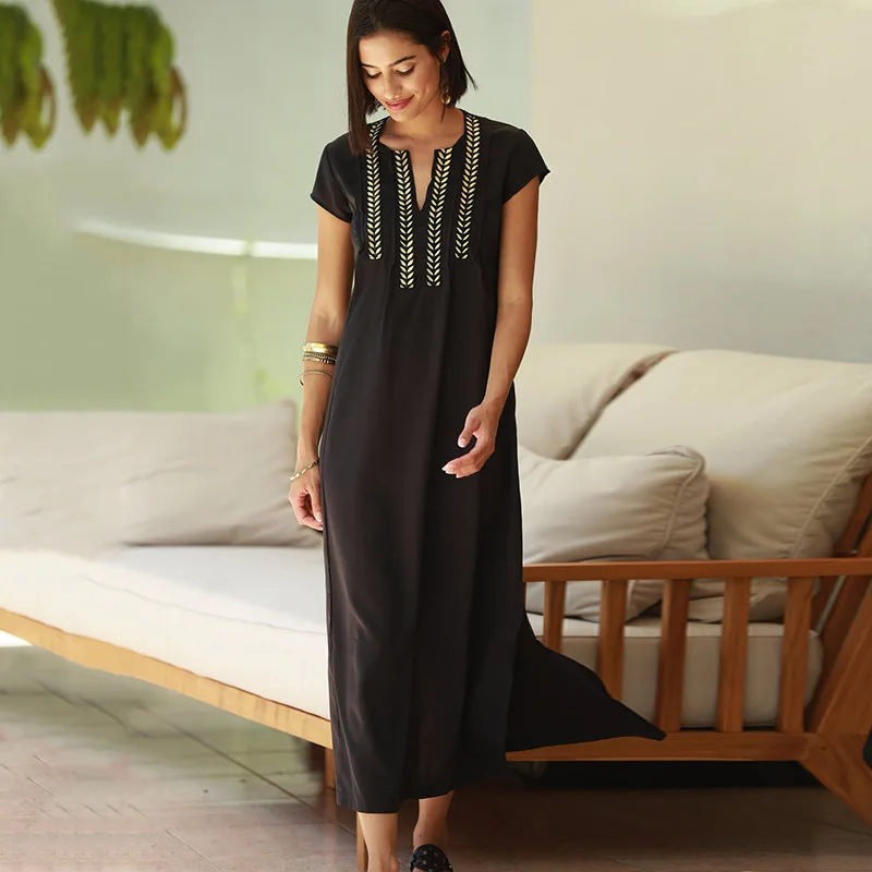 

Fashionable Black Dress Elegant Floral Embroidery V-neck Long Skirt Clothing for Women Seaside Vacation