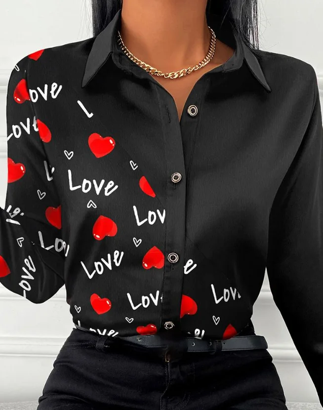 Top Selling On Similar Deals Women's Elegant Shirt Valentine's Day Heart Letter Print Button Down Tops 2023 Spring Autumn New