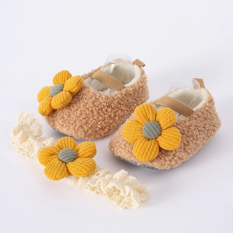 Winter Baby Girls Cotton Shoes Warm Plush Flower Toddlers Prewalkers Infant Soft Bottom First Walkers With Hairband