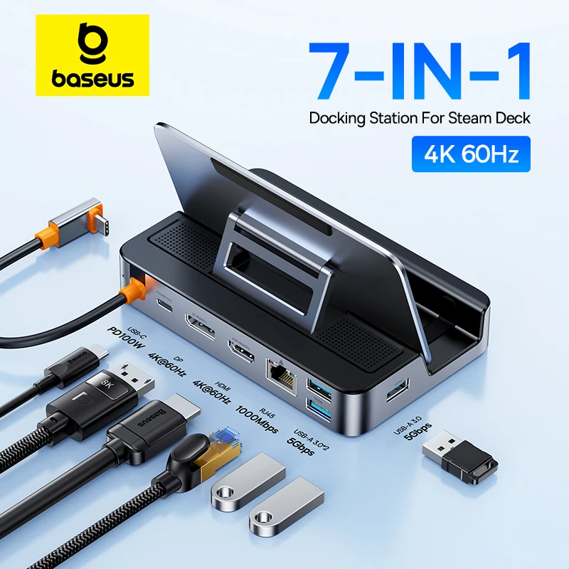 

Baseus Steam Deck Docking Station 7-In-1 USB C to DP HDMI-compatible 4K 60Hz TV RJ45 1000M USB 3.0 PD 100W Base Stand USB Hub