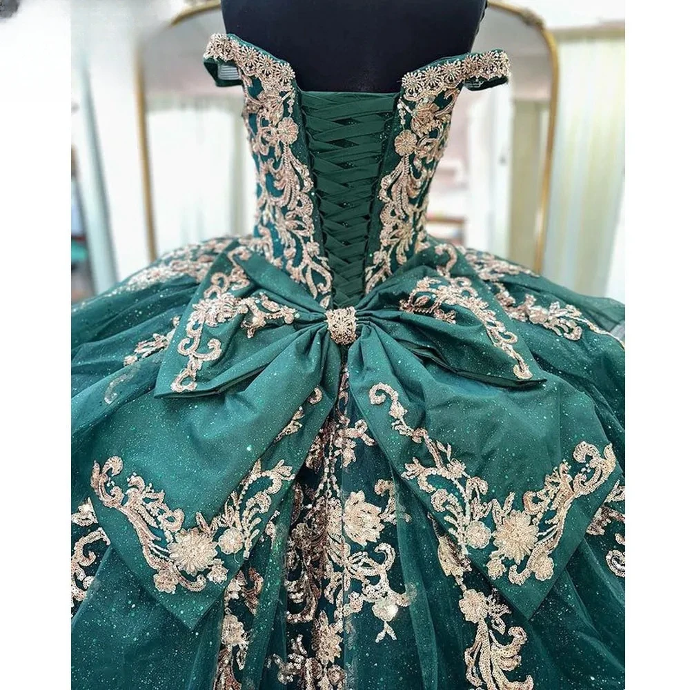 Emerald Green Appliques Princess Quinceanera Dress Shiny Bride Robe Corset Floor-length Bridal Dresses Vestidos De Novia