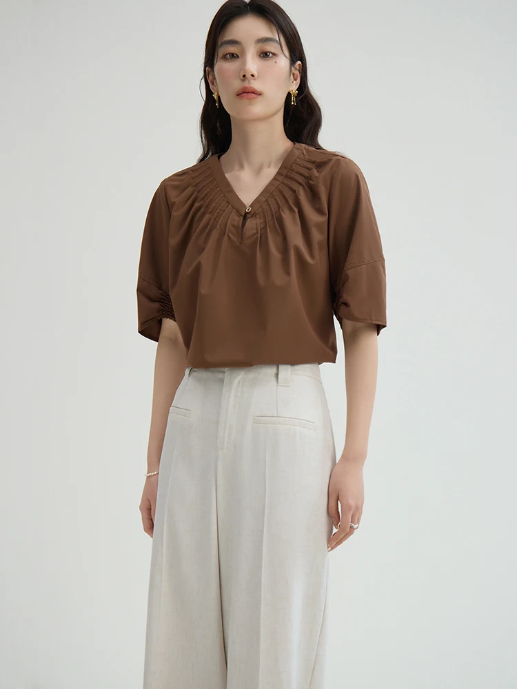 DUSHU V-Neck Pleated Design Women Half Sleeve Thin Blouse Temperament Coffee Color Female Summer Short Beige Shirt 24DS82304