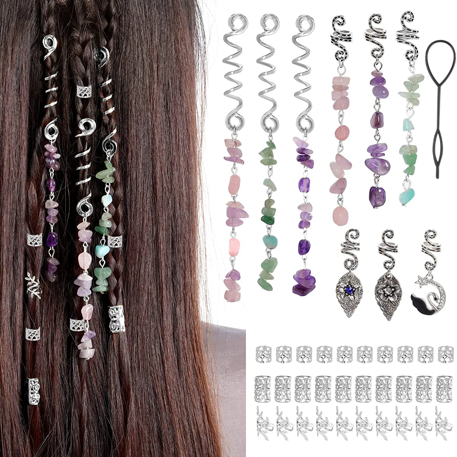 40pcs Silver Color Stone Pendant Hair Ring Dreadlock Beads Hair
