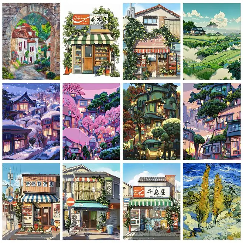 Description Picture 2 of itemGATYZTORY Oil Paint By Numbers For Adults Shop Street House Landscape Coloring On Numbers Unique Gift Handmade On Canvas