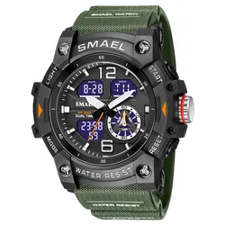 SMAEL Men's Waterproof LED Sports Military Watch with Alarm & Dual Time Display (Army Green)
