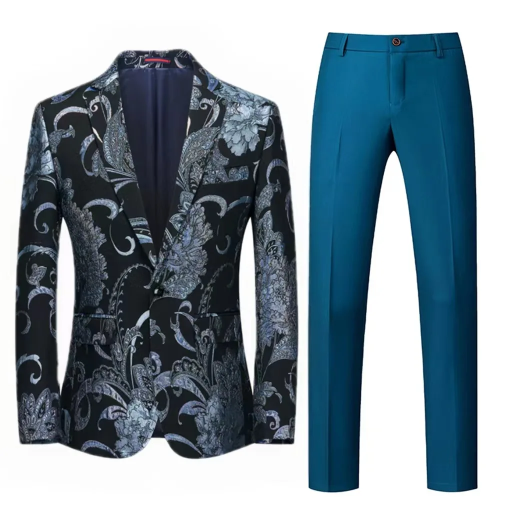 High Quality Jacquard Men's 2 Piece Blazer Pants Suit Gentleman Clothing Black Blue Fashion Luxury Wedding Party Dress Man Suits