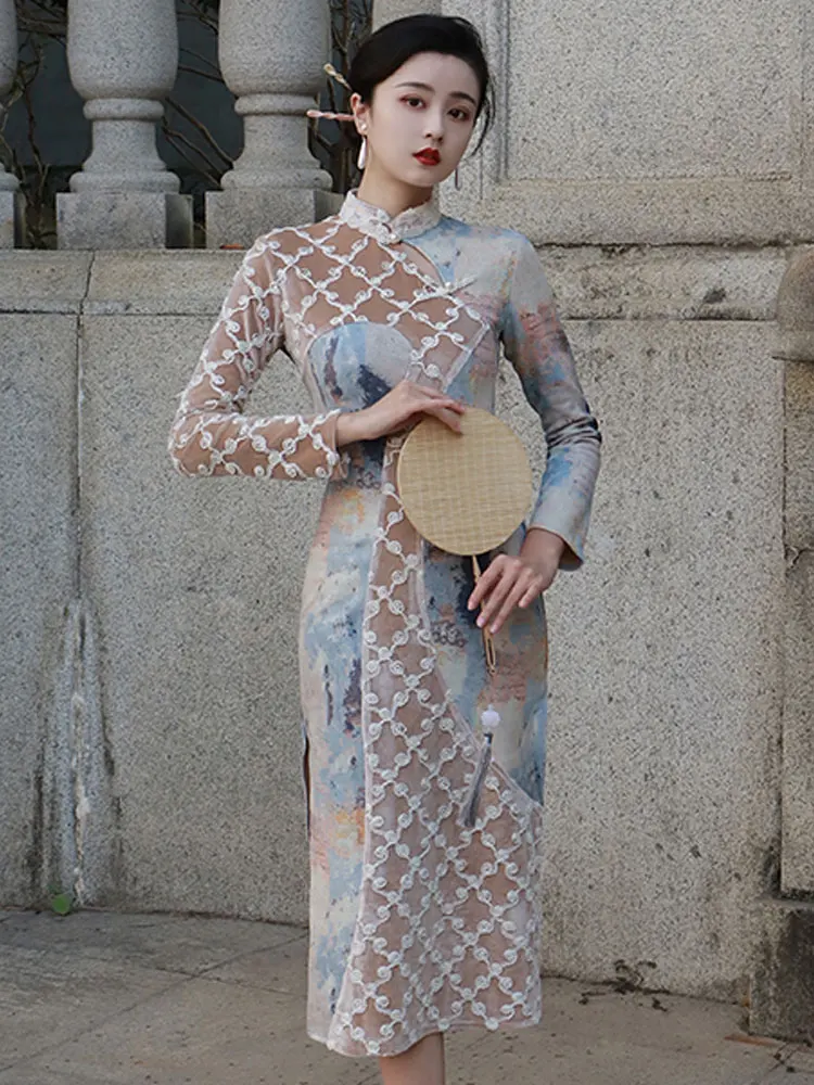 

Summer new women's dress retro Chinese style velvet stitching tie-dye print slim slim half high collar qipao long dress