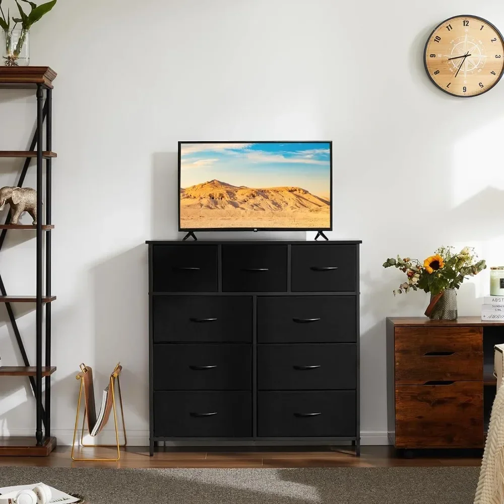 Dresser for Bedroom with 9 Drawers, Clothes Drawer Fabric Closet Organizer, Cloth Dresser with Metal Frame and Wood Tabletop 2
