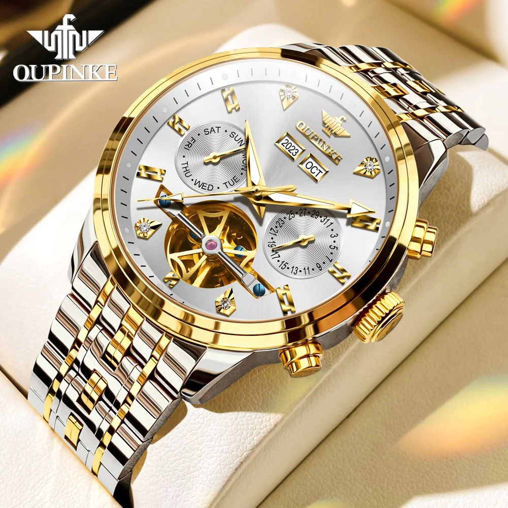 

OUPINKE 3248 New Hollow Dial Luxury Automatic Watch For Men Business Mechanical Hand Clock Week Calendar Display Man Wristwatch