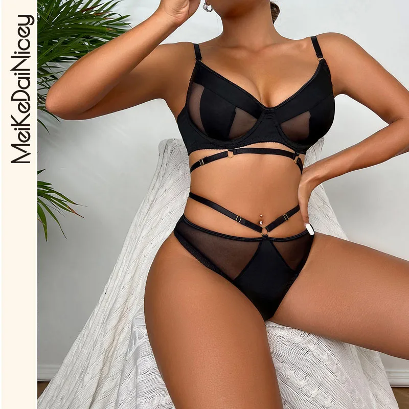 

MeiKeDaiNicey 2-Piece Black Bra Set Women Patchwork See Through Mesh Lingerie Set Ladies Sexy Panty Underwear Set