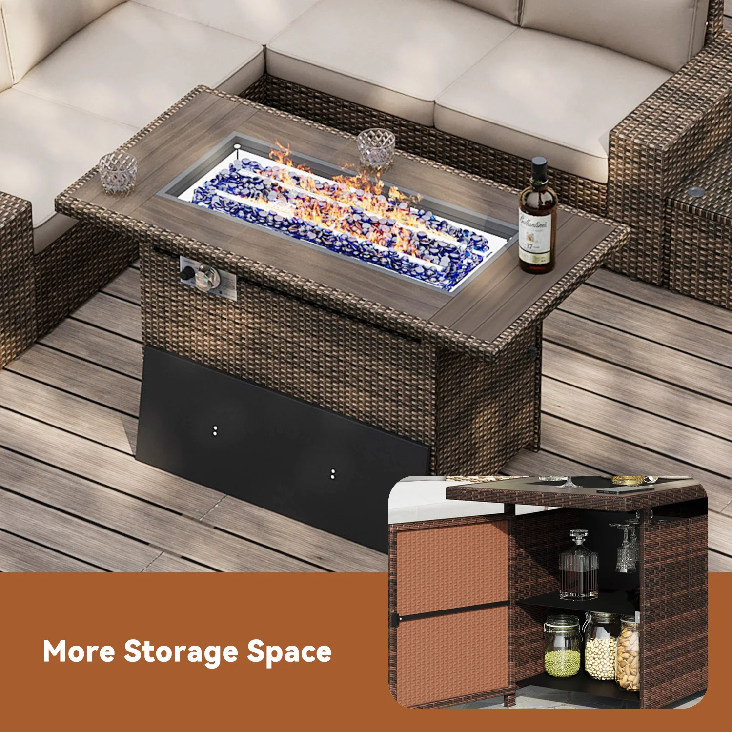 Aoxun 44" Propane Fire Pit with Storage 60,000 BTU Outdoor Wicker Fire Table CSA Certified Patio Rectangular and Waterproof Cove