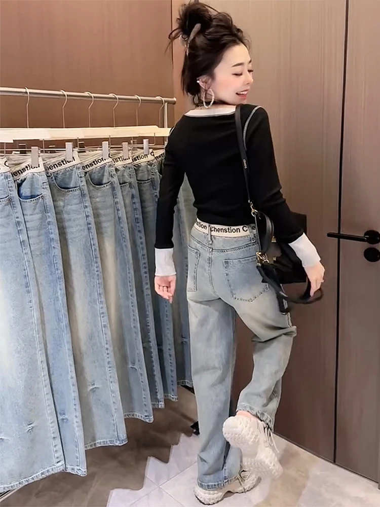 여성용 와이드 레그 헐렁한 데님 바지, 워싱 빈티지 캐주얼 바지, 하이 스트리트 레트로, 하이 웨이스트, 쓰레기 청바지, Y2K 2000s