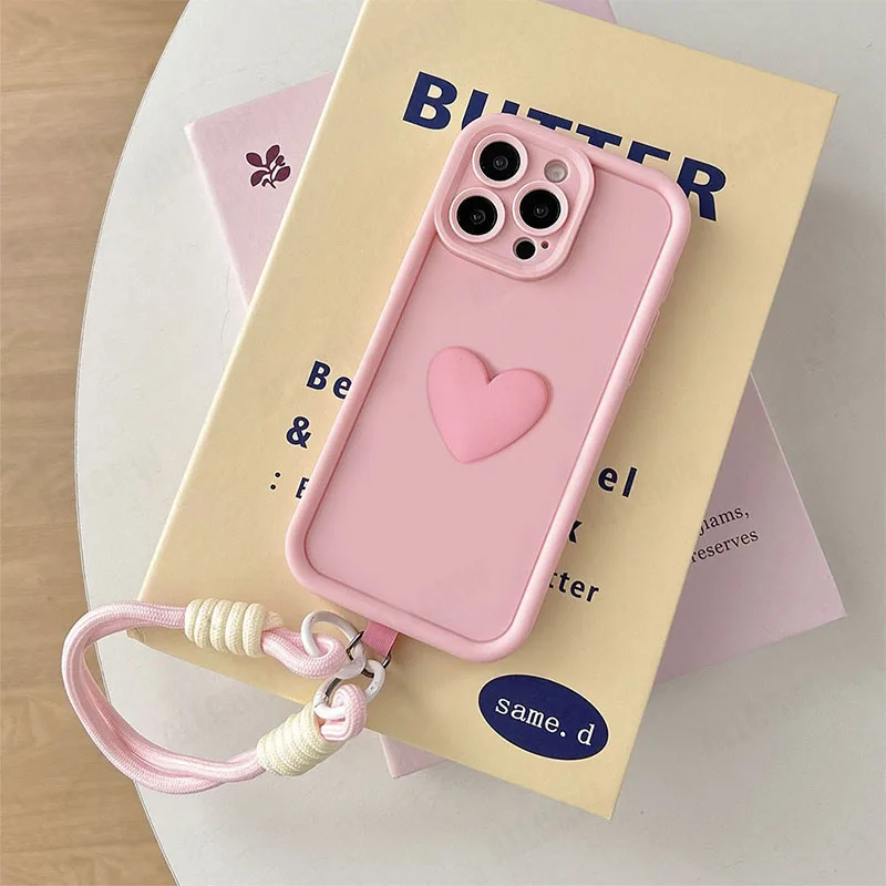 Stylish 3D Love Heart Phone Case with Lanyard Attachment - Elegant Protective Cover