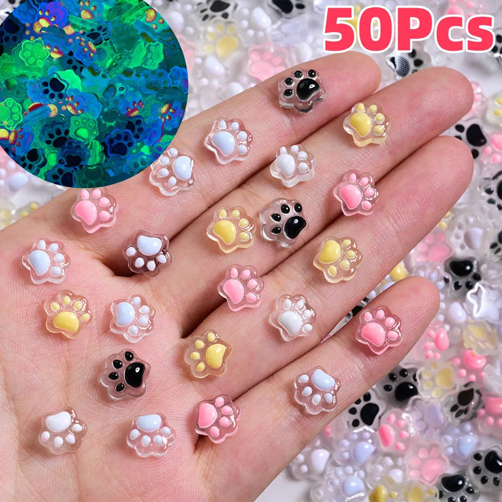 50개 3D 야광 고양이 발톱 네일 참 귀여운 레진 고양이 발 Y2K 네일 아트 장식 DIY 헤어핀 공예 매니큐어 액세서리