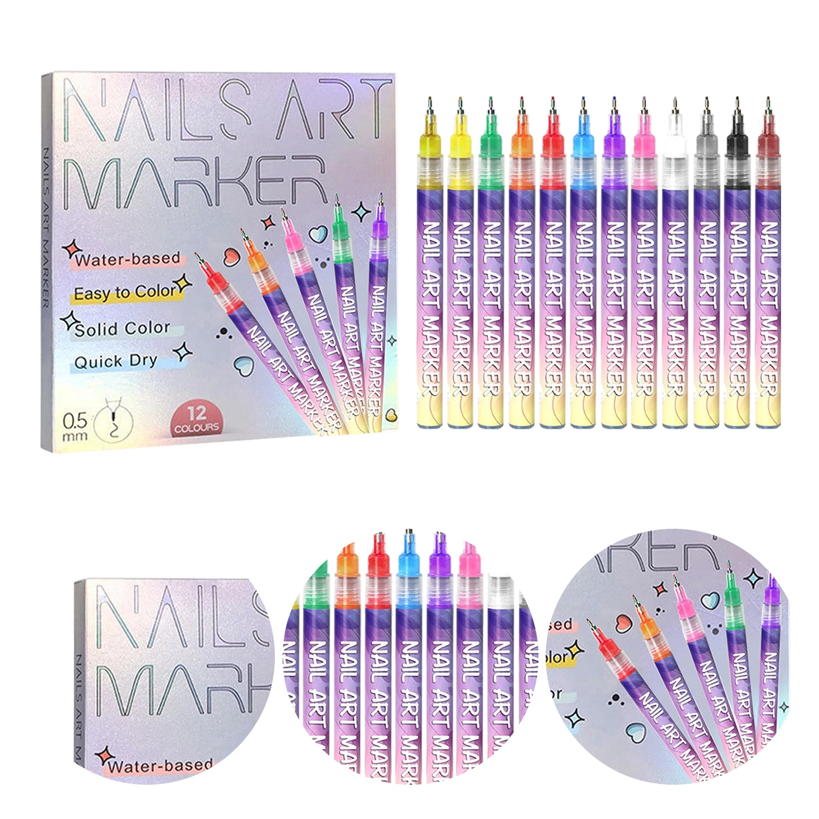 12색 0.5mm 네일 아트 펜 세트 DIY 속건성 그라피티 도팅 포인트 라이너 펜 드로잉 페인팅 DIY 네일 아트용