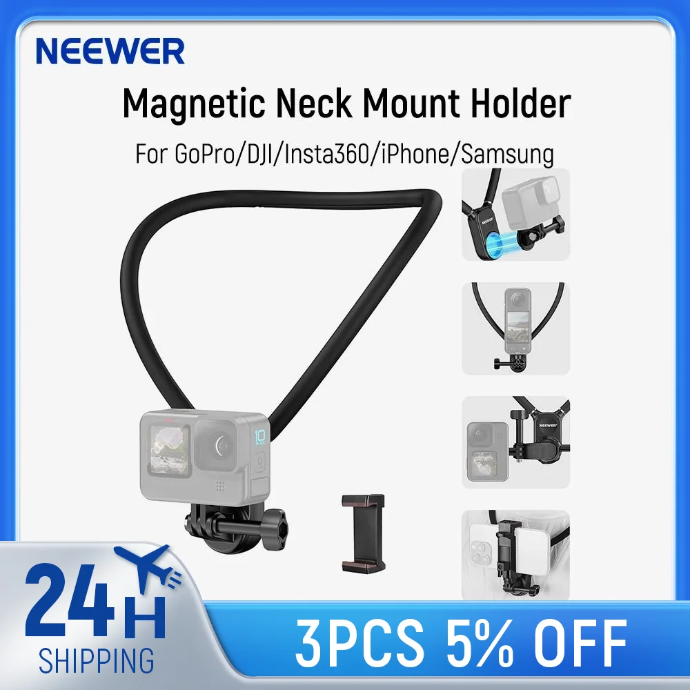 

NEEWER Magnetic Neck Mount Holder with Phone Clip Compatible with GoPro Hero 12 11 10 MAX DJI Action 4 Insta360 iPhone Samsung