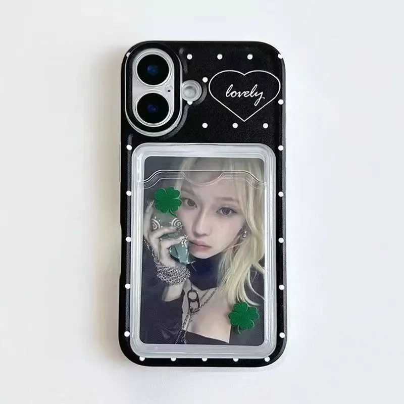 Elegant Black Polka Dot Phone Case with Card Sleeve and White Star Accents