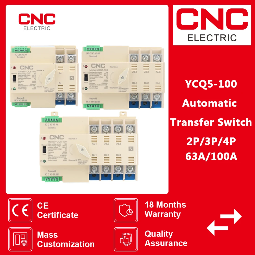 Controlador Ininterrupto do Poder do Interruptor de Transferência Automático Ats do Trilho do Ruído do Cnc C.a. Dupla do Poder 2p 3p 4p 220v 50hz 60hz 63a 100a