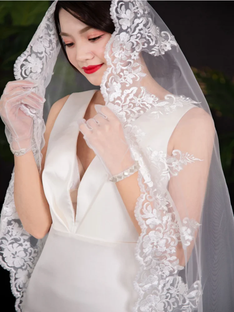 

White Ivory New Mandolin Cathedral Veil 3M Bridal Veils Lace Appliques All Lace Edge Wedding Veils Vestido De Noiva Longo