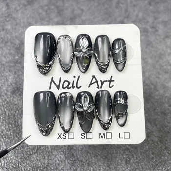 10Pcs Black Cat Eye Almond Handmade Press on Nails 3D Flower Fake Nails Wearable Stick-on Nails False Nail Накладные Ногти 네일팁 1