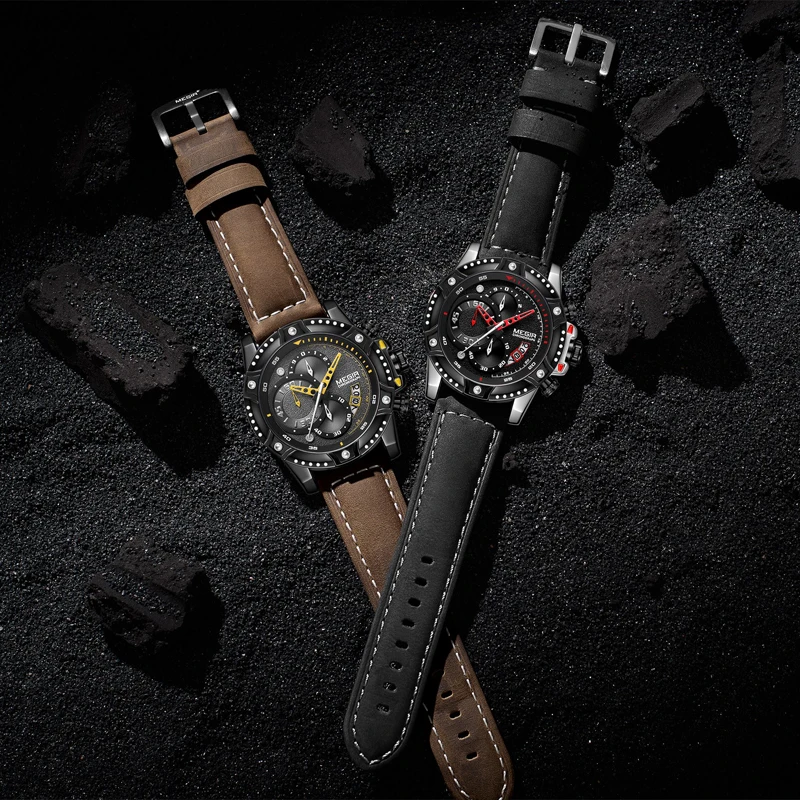 MEGIR Man Sports Chronograph Quartz Watch Fashion Mens Watches Top Brand Luxury Leather Waterproof Wristwatch Relogio Masculino