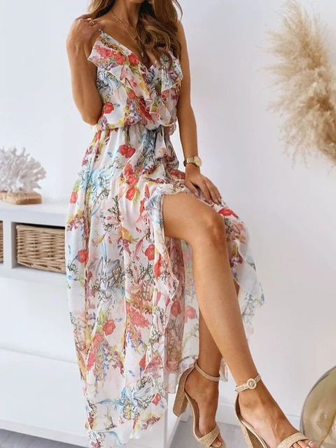 Vestido De Verano Largo Con Estampado Floral Para Mujer, Traje Elegante Con Cuello En V, Informal, Para Playa, 2022 - Vestidos - AliExpress