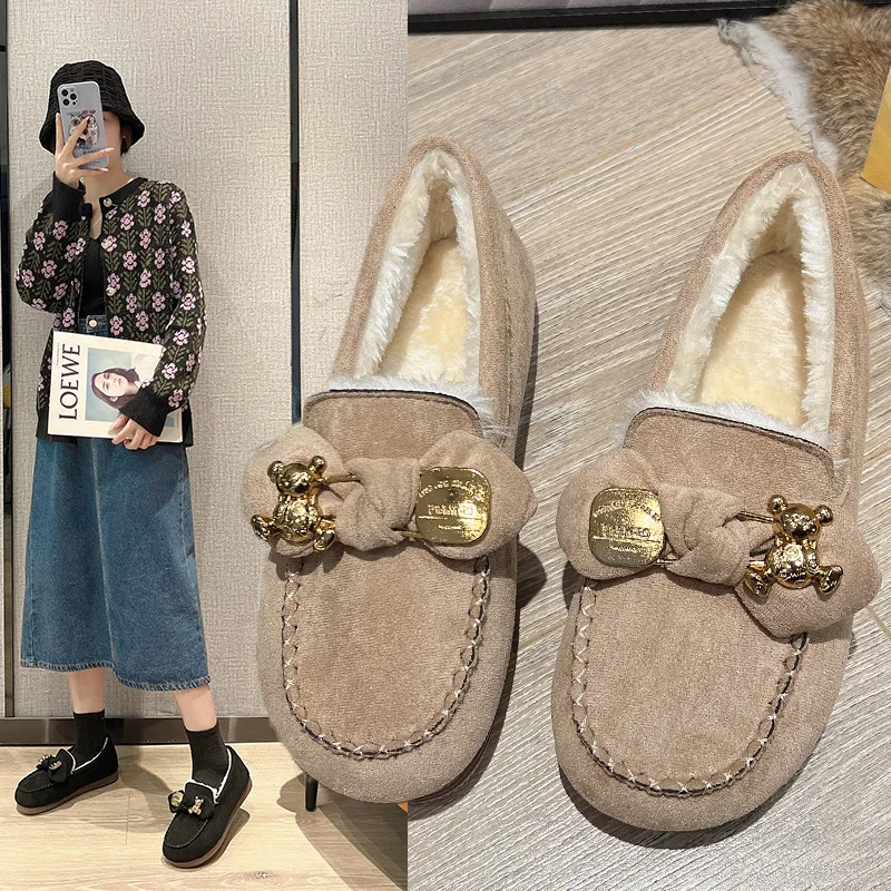 

Women Winter Plus Velvet Non-slip Warm Boots Bowknot Fleece Lined Warm Plush Slip-On Flats Woman Boots Lambwool Peas Shoe