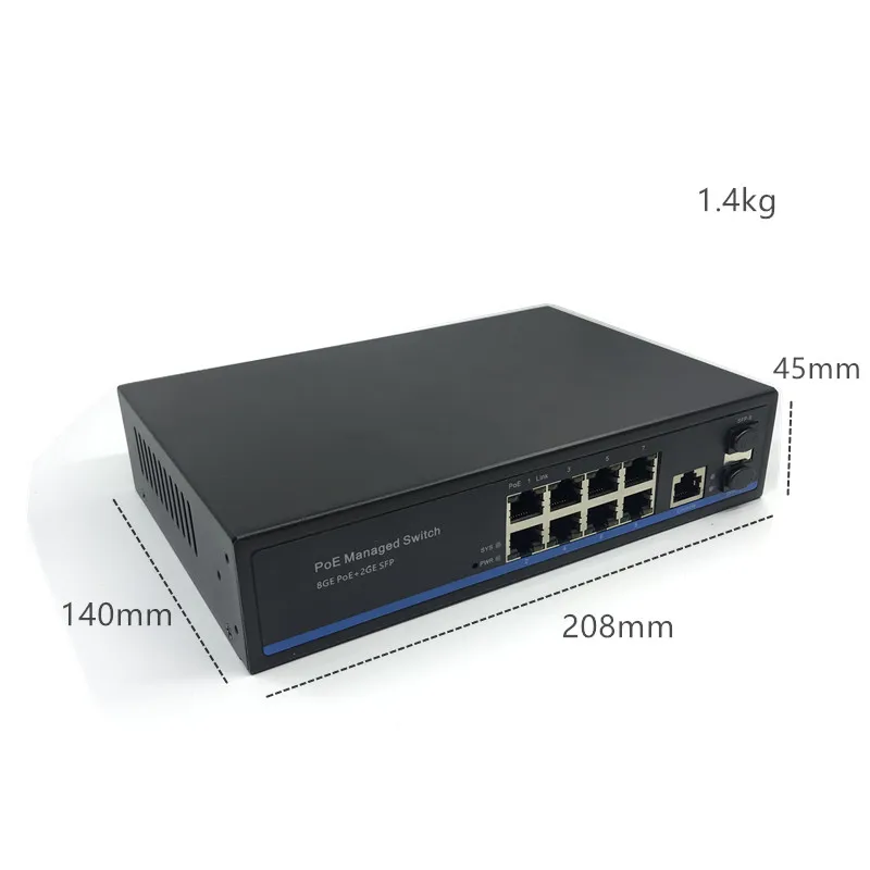 관리형 8포트 10/100/1000Mbps PoE 이더넷 스위치, 2개의 기가비트 SFP 슬롯이 있는 관리형 스위치, IGMP VLAN 관리 PoE 스위치