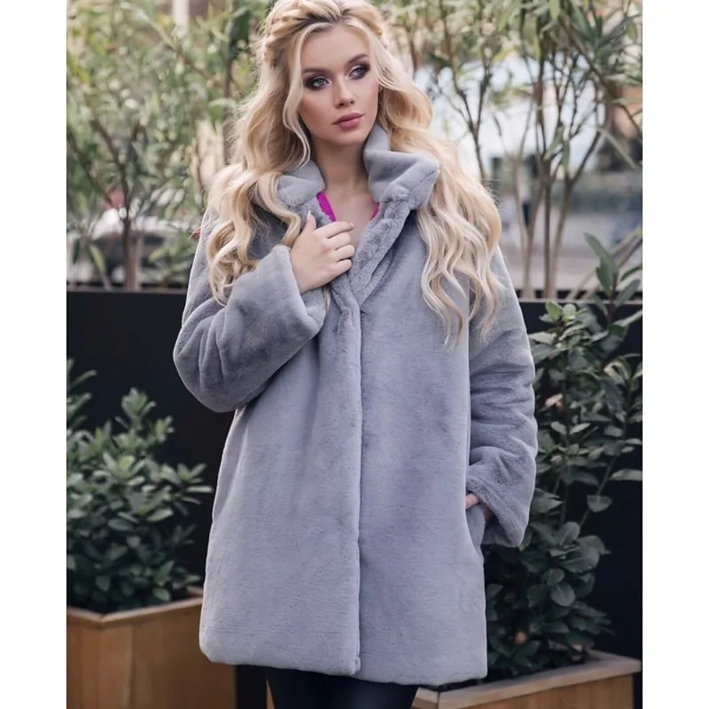 Otter Rabbit Fur Coat for Women's Standing Collar Winter Fur Coat Medium Length Street Fur Coat for Women
