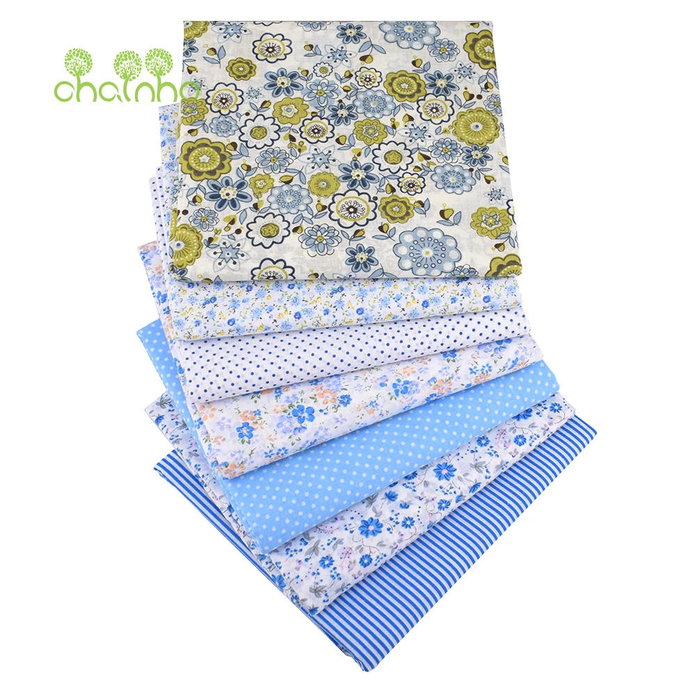 Chainho,Printed Plain Weave Cotton Fabric,Thin & Low Density Patchwork Cloth,DIY Quilting Sewing Material,Blue Series,50x50cm