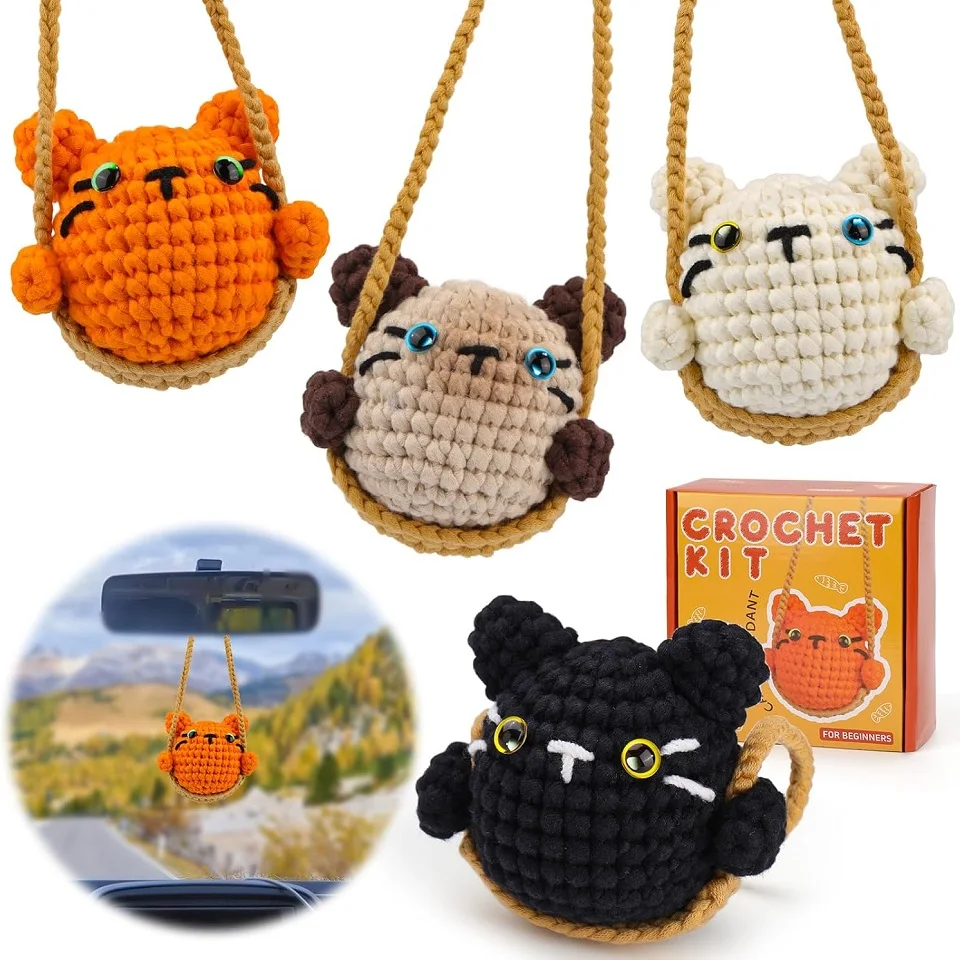 KRABALL Cute Cat Crochet Knitting Kit With Cotton Yarn Thread And Instruction For Beginners DIY Handmade Craft Accessories Set