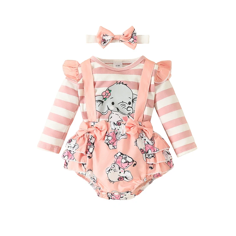 

Baby Set Baby Girl Clothing Long Sleeve Striped Elephant T-Shirt Tops Printed Halter Shorts 0-18Months 2023 New Infant Outfit