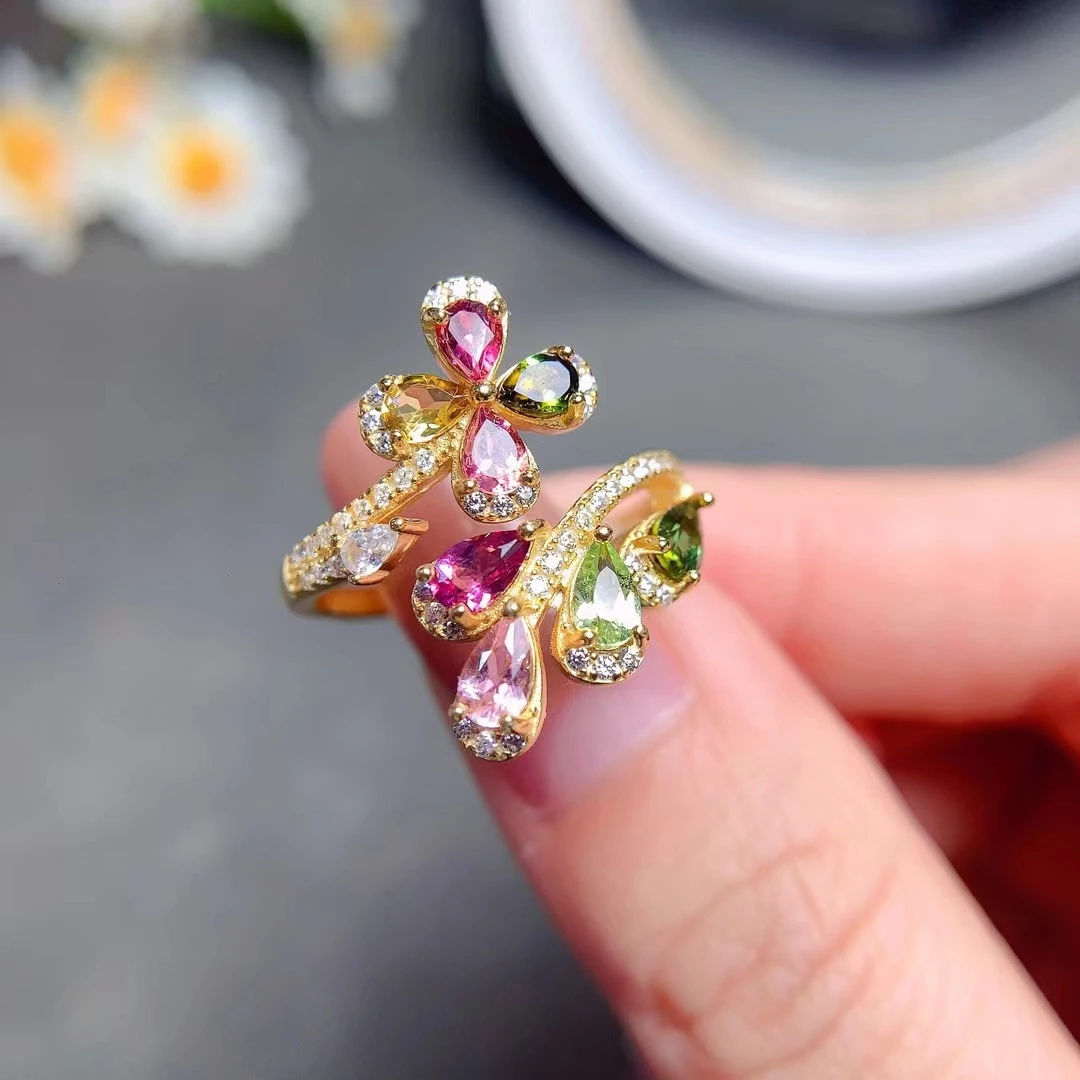 

MeiBaPJ Natural Tourmaline Gemstone Fashion Colorful Stone Flower Ring for Women Real 925 Sterling Silver Charm Fine Jewelry