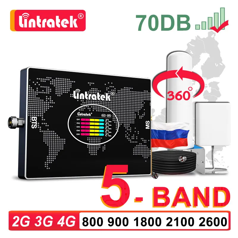 Lintratek 5 Band Cellular Amplifier LTE B20 800 900 1800 2100 2600 B7 GSM 2G 3G 4G Booster Omni Antenna Mobile Repeater phone signal booster