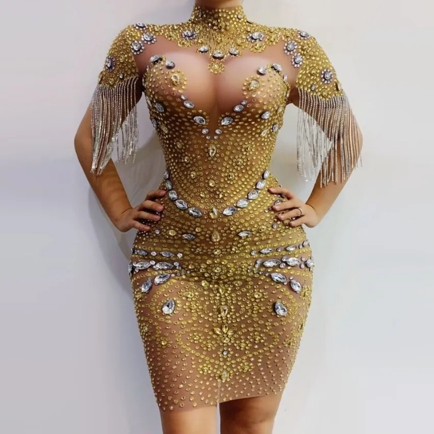 

Women Sexy Stage Sparkly Fringe Gold Rhinestones Transparent Dress Women Dancer Wear Prom Bar Birthday Celebrate Outfit Dress