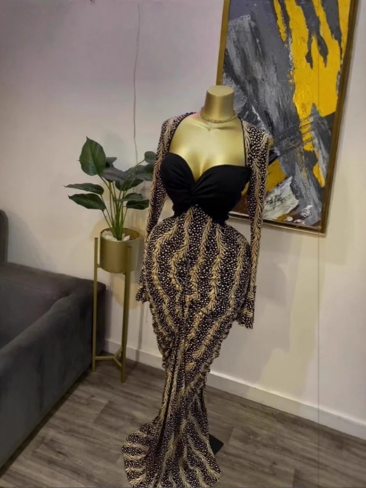 Wmstar Women Dress Wholesale Strapless Long Sleeved Printed Long Dress with Pleated Party Cocktail Party Dress Drop Shopping