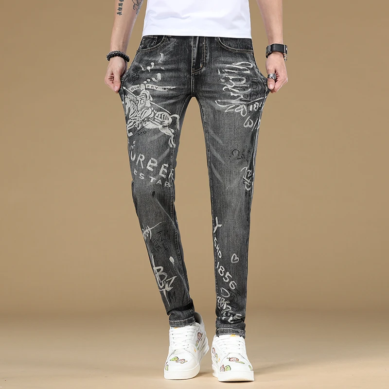 Trendy Embroidered Printed Light-Colored Men's Jeans Stretch Slim Fit Skinny Spring and Summer New Fashionable High-End Trousers