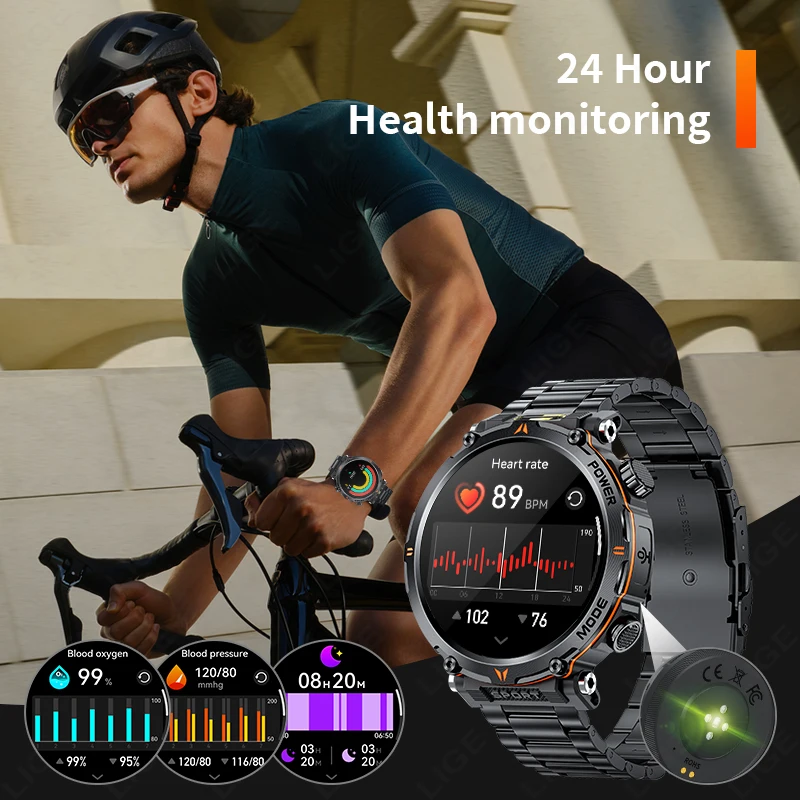 LIGE 2025 Military Smartwatch Men IP68 Bluetooth Call Outdoor Sports Fitness Track 600Mah LED Light Smartwatch For Android IOS