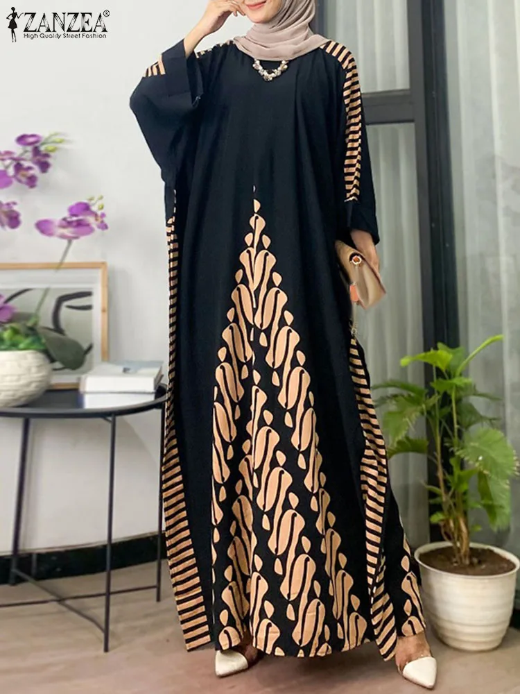 ZANZEA Muslim Fashion Abaya Hijab Dress Elegant 3/4 Sleeve Islamic Robe Women Bohemain Printed Sundress Dubai Long Vestidos