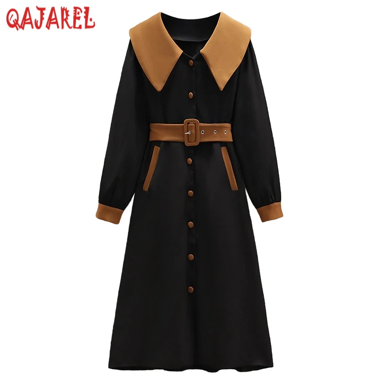 

Autumn Winter Green Long Sleeve Doll Collar Midi Dress 2024 Black Korean Vintage Hepubrn Dress Women Elegant Office Lady Dresses