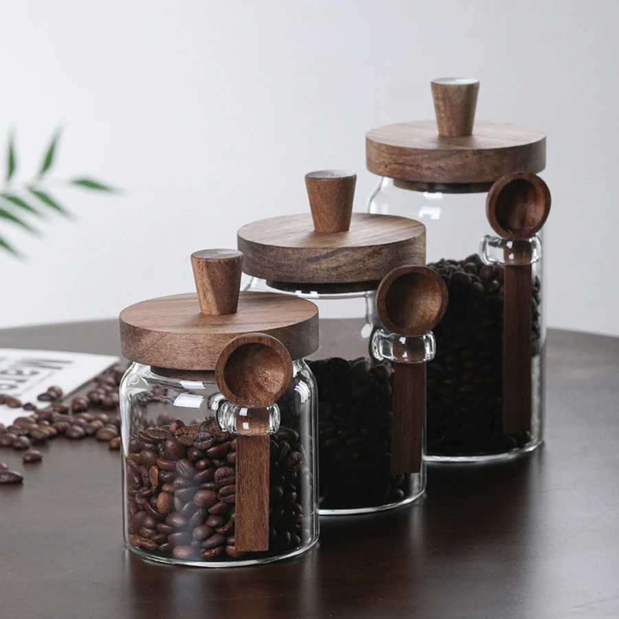 Airtight Glass Food Storage Containers with Wooden Lids - Sealed Jars for Sugar Coffee Candy