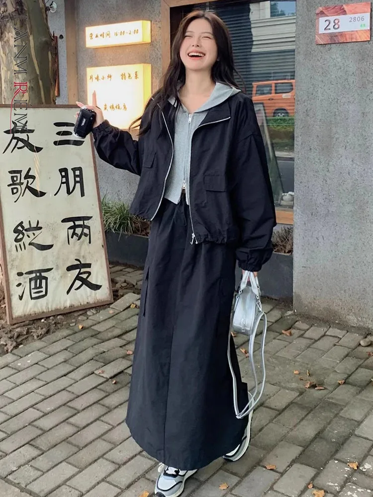 

LANMREM Streetwear Black Women 2 Piece Set Zipper Short Jackets High Waist A-line Skirts Casual 2024 Spring New Sets 2AA5186