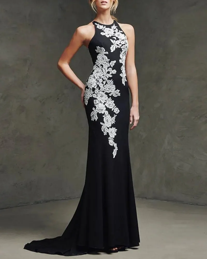 

Sexy Black Mermaid Formal Evening Dress 2023 Sleeveless Jewel Lace Appliques Satin Women Prom Party Gowns Robe De Soiree