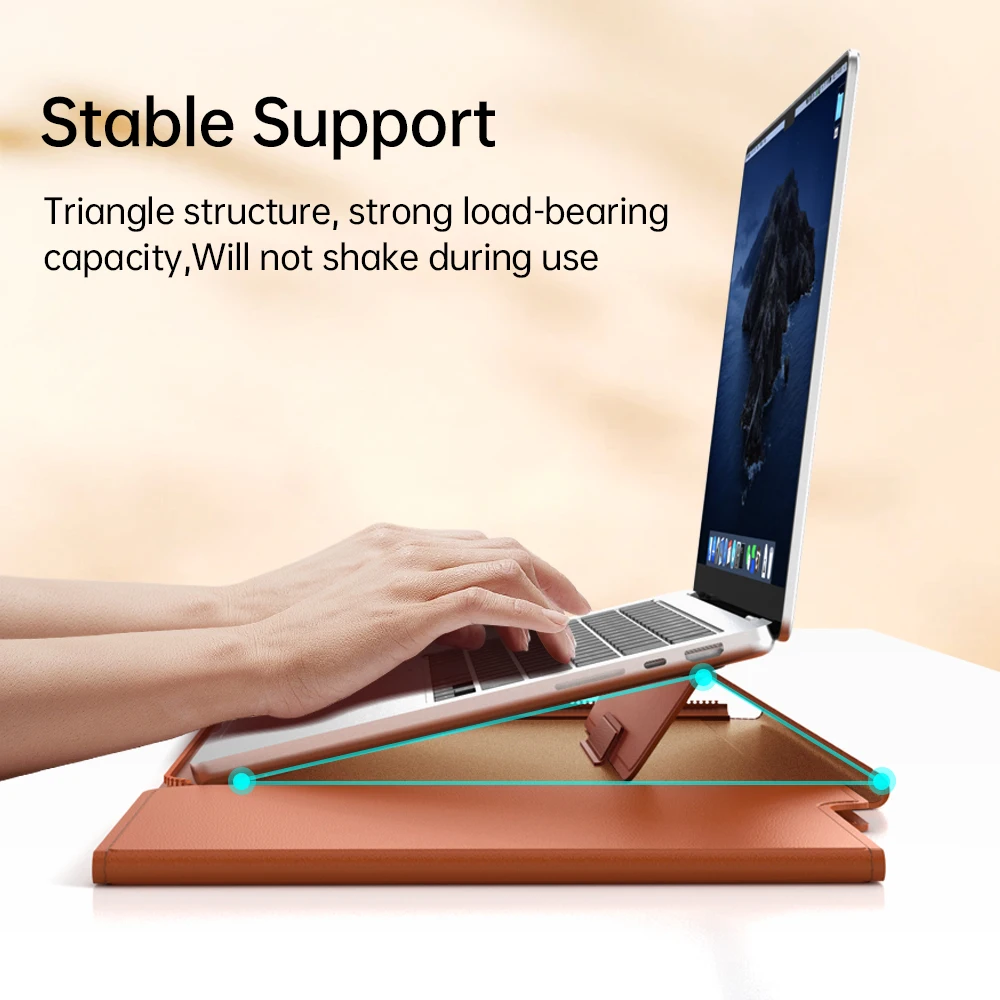 Premium PU Leather Laptop Sleeve Case with Built-In Stand