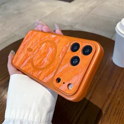 Luxury Snow Peak Suede Leather Magnetic Phone Case with Lens Camera Protection - iPhone 15 (Orange)