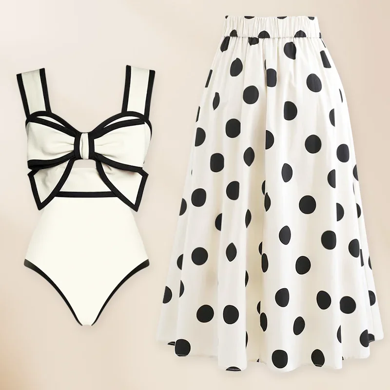 

New Swimsuit High-end Niche Design Black and White Bow Slimming Holiday Sexy Hot Spring One Piece Swimsuit for Women