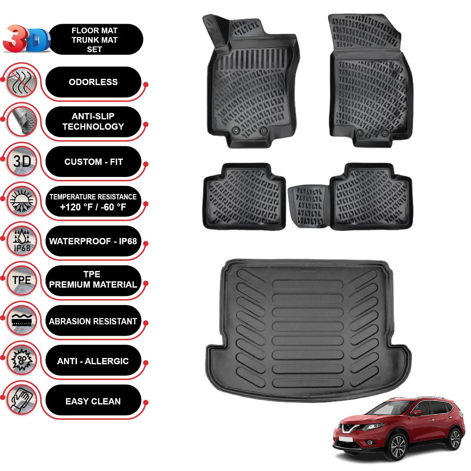

Nissan X-Trail 5 Seats - (2014-2020) - Floor Mats + Cargo Trunk Liner - SET - (Black)