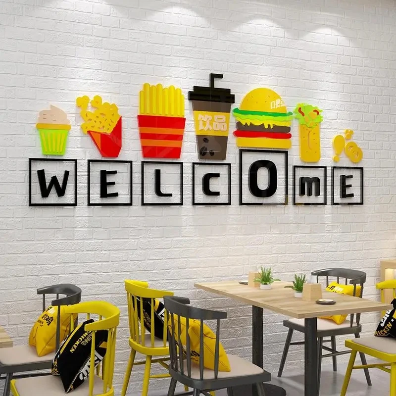 Cute Burger Fries Pattern Wall Decor Decal Creative Snack Bar Background Wall Stickers Acrylic Stereo Restaurant Stickers